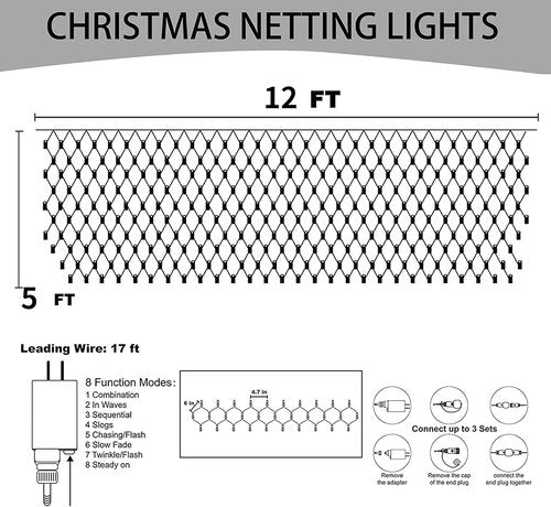 Dazzle Bright 360 LED Net Lights - 12FT x 5FT Waterproof String Lights with 8 Modes | White Christmas Decor