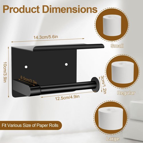 Bijotun Toilet Paper Holder with Shelf, Black - Compact for Small Bathroom, RV, Office, Easy 1 Min Installation, Rustproof Stainless Steel
