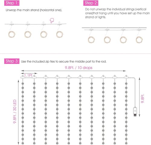 Minetom 300 LED Curtain Lights - Dimmable Fairy Lights with Remote & Timer | USB Powered Pink Indoor Decor