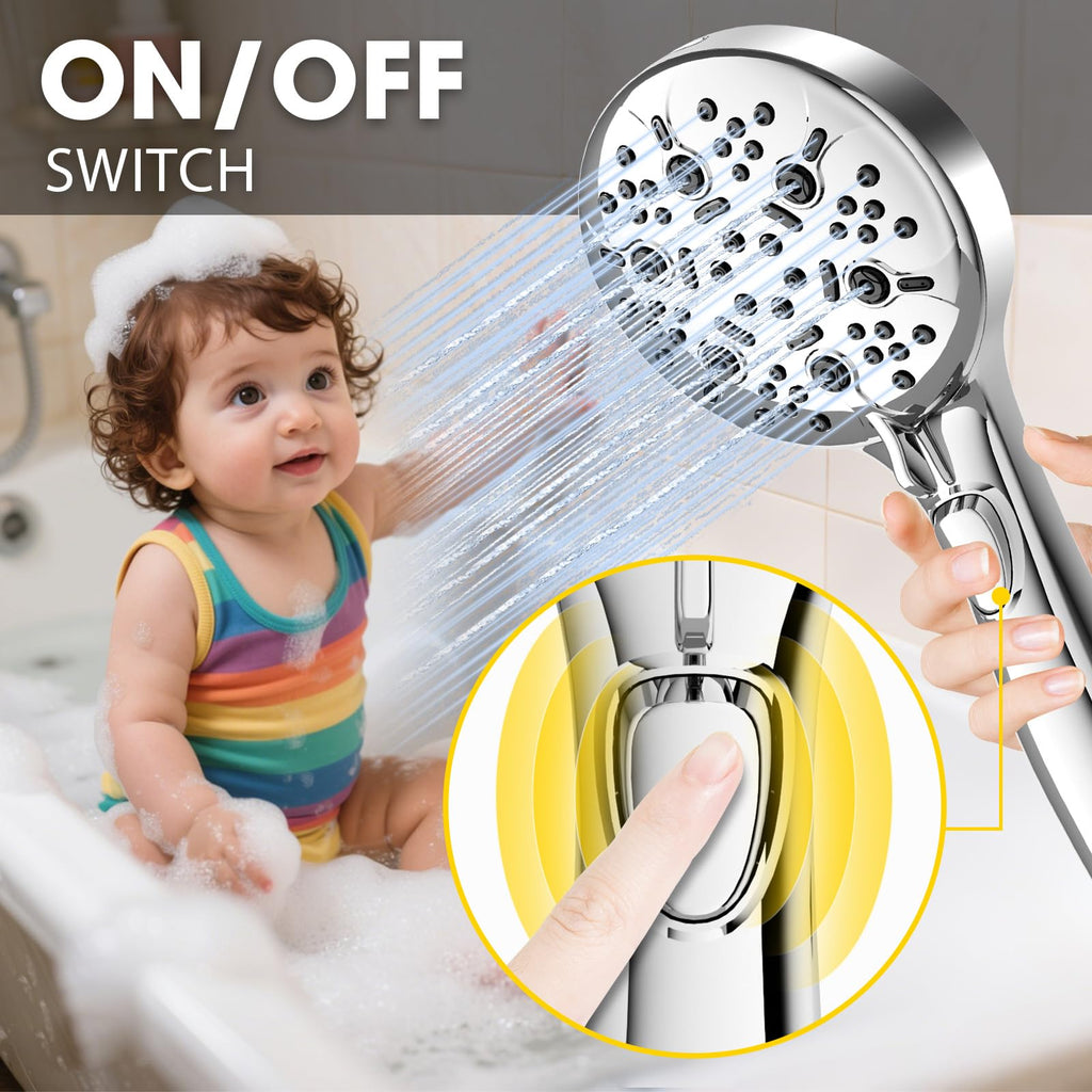 XFTHyzo 8-Mode High Pressure Handheld Shower Head with ON/OFF Switch,Handheld Shower Wand with Power Wash Spray for Cleaning Tubs,Pets & Tiles,79-Inch Stainless Steel Hose & Bracket,Chrome