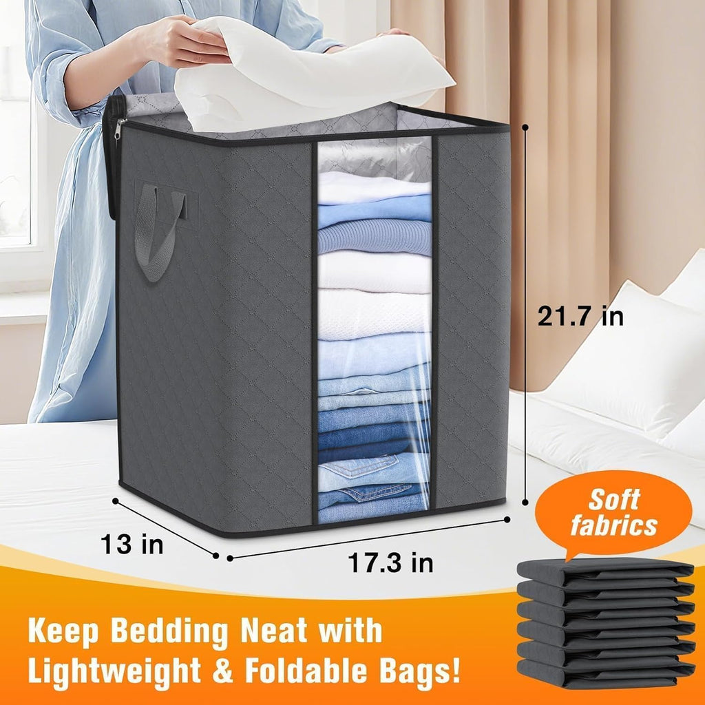 SpaceTrove Clothes Storage Bags - 80L Large Capacity Organizers with Visual Window | 6-Pack Grey Bedding Containers