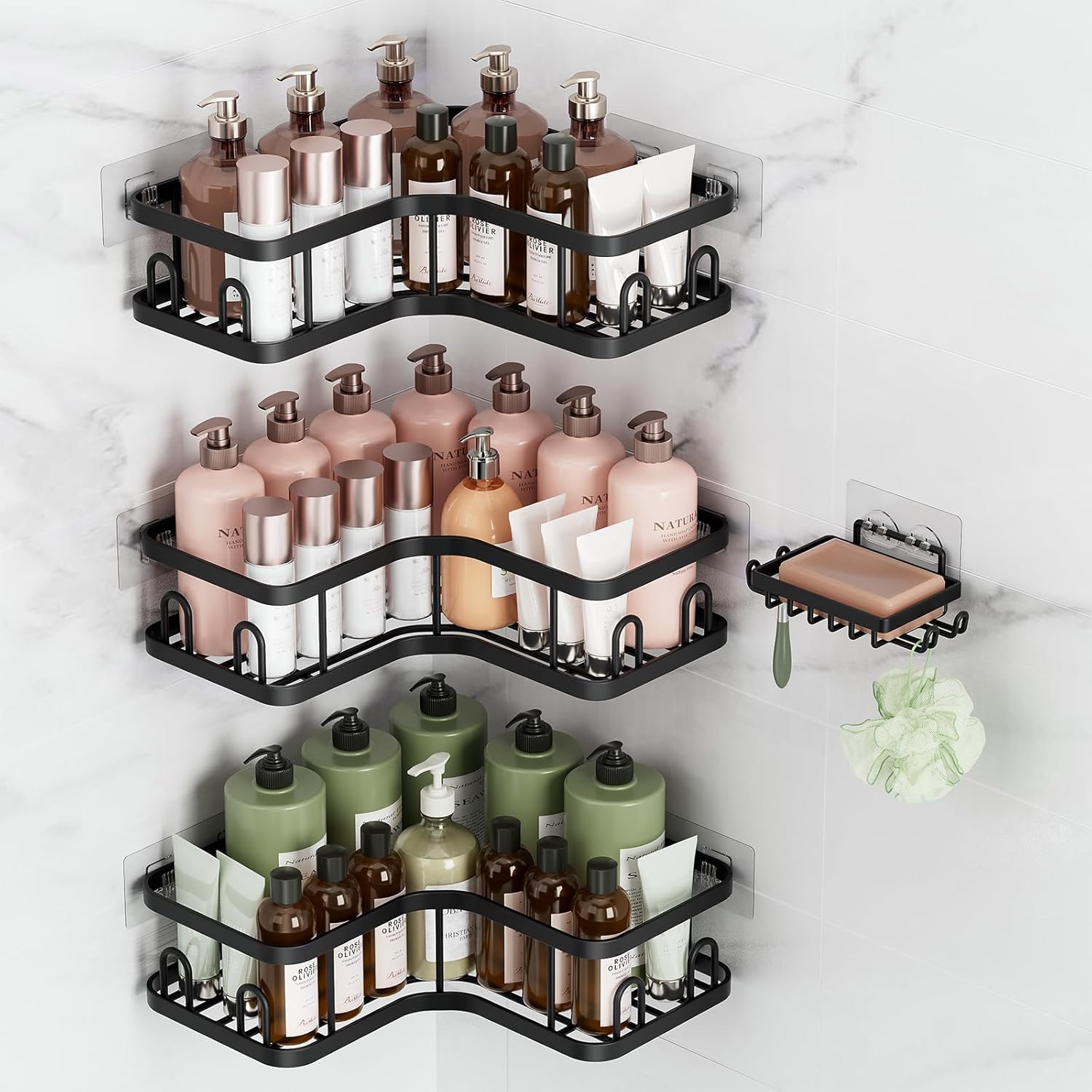 Veken Corner Shower Caddy - 4-Pack Adhesive Shelves with Soap Holder & Hooks | Rustproof, Waterproof, Black