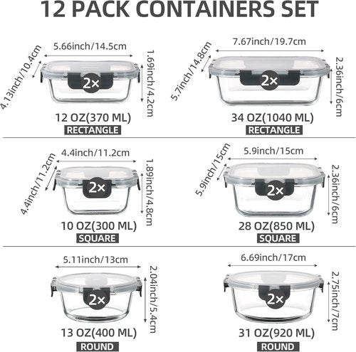 C CREST Glass Food Storage Containers Set of 12 - Airtight Locking Lids for Freshness | Multi-Size Meal Prep