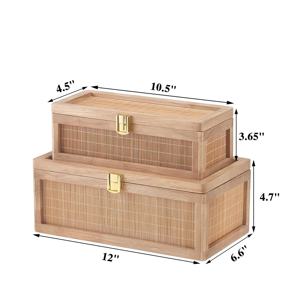 HuiDao Rattan Decorative Box, Boho Display Boxes with Lids, Set of 2 Rectangular Wicker Storage Basket, Natural Woven Cane Bins for Home Decor (Round)