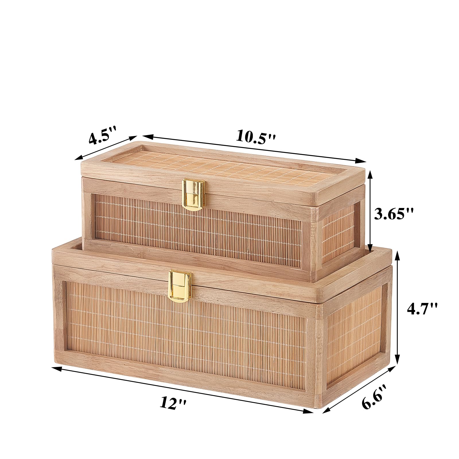 HuiDao Rattan Decorative Box, Boho Display Boxes with Lids, Set of 2 Rectangular Wicker Storage Basket, Natural Woven Cane Bins for Home Decor (Round)