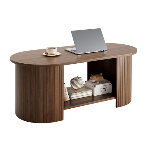OneBlis Oval Fluted Coffee Table, 2-Tier Center Table with Large Storage, Mid-Century Modern Wood Coffees Table for Living Room, Home Office, Small Space, Walnut