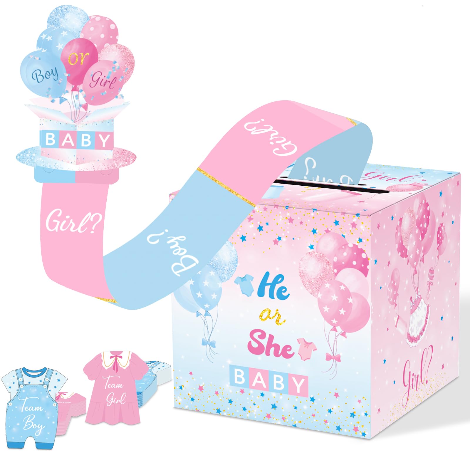 WNINK Baby Gender Reveal Pull Out Game with Voting Box, Gender Reveal Games, Fun Baby Shower Activity Keepsake, 50 Ballot Cards Boy or Girl Voting Box, Boy or Girl Party Supplies