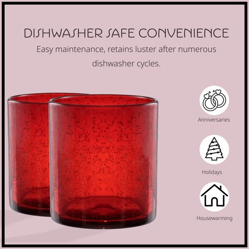 Artland 14oz Double Old Fashion Glass, Set of 4 | Iris Seeded Design, Ruby Red | Drinking Glass for Parties and Everyday Use - Mojito, Whiskey, Cocktail | Glassware & Barware Essentials