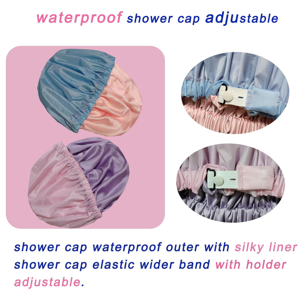 Genergy 2pcs Shower Cap for Women,Including Travel bag and Satin Scrunchy. Frizz-Free Silky Liner, Waterproof Reusable Large Bath Cap for Short and Long Thick Hair, Soft Adjustable Elastic, Non-slip.
