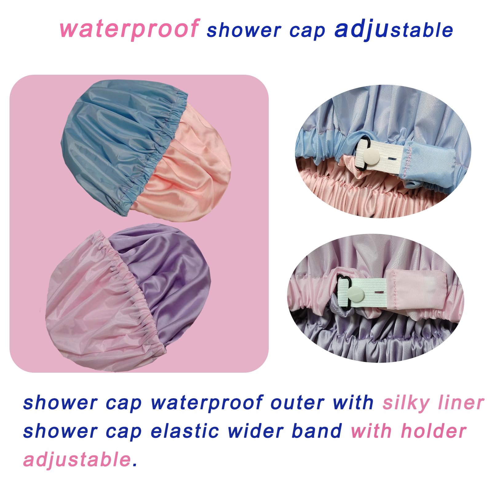Genergy 2pcs Shower Cap for Women,Including Travel bag and Satin Scrunchy. Frizz-Free Silky Liner, Waterproof Reusable Large Bath Cap for Short and Long Thick Hair, Soft Adjustable Elastic, Non-slip.
