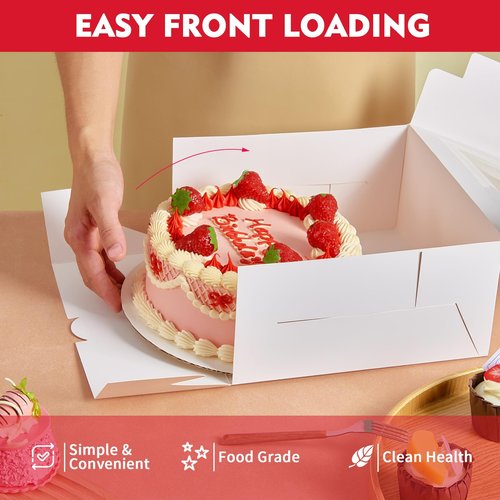 Vorfre 3 Pack Cake Boxes, 10x10x5 Inches Cake Boxes with Boards, White Square Bakery Boxes with Window, Disposable Cake Containers with Lids for Pastry Pie Cookies Chocolates Wedding Birthday Party