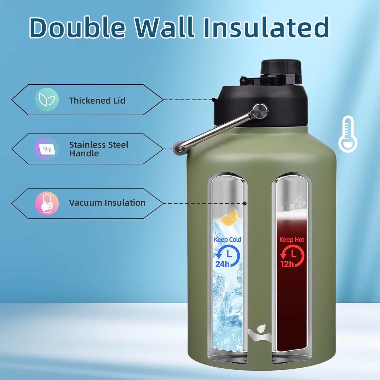 Skiennix 1 Gallon Insulated Water Bottle - 128 oz Double Wall Vacuum Stainless Steel | Camp Green with Carrying Pouch