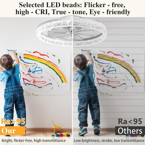DIAMONDFORGE Ceiling Fans with Lights and Remote Fandelier - 20" Flush Mount Low Profile Modern Ceiling Fans for Bedroom - Stepless Color Temperature and 6 Speeds, White Irregular Crystal