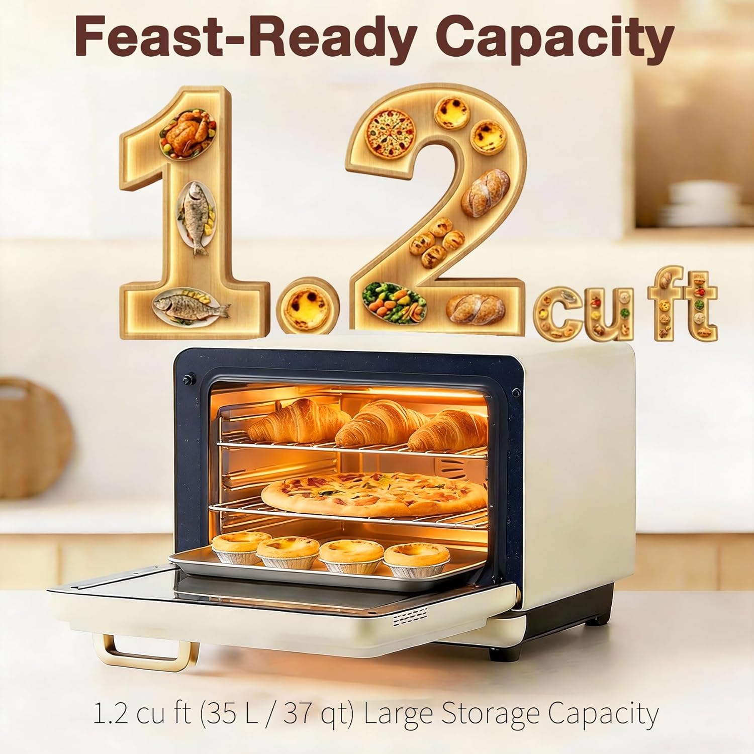 ROBAM Toaster Air Fryer Oven Combo - Large 1.2 Cu.Ft Convection Cooker with 32 Preset Recipes | Smart Touch Temp Control (White)