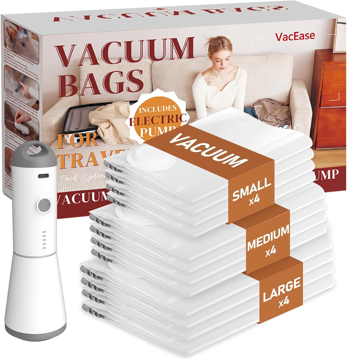 Vacbird Vacuum Storage Bags - 12 Pack with Rechargeable Cordless Pump | Compression Packing for Clothes, Blankets & Pillows