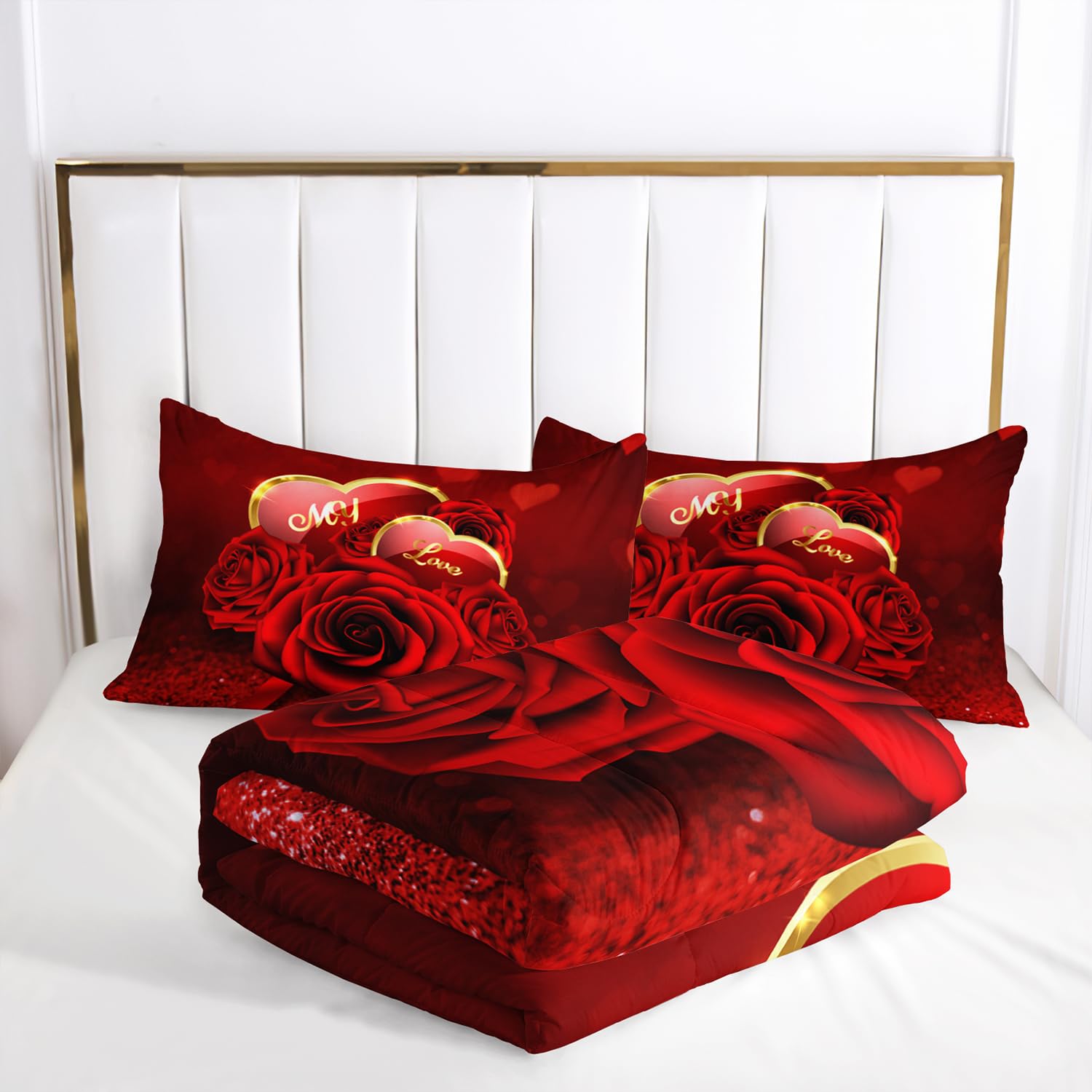 AILONEN Red Rose Comforter Set Queen Size,Romantic Hearts Couple Love Bedding Set,3D Rose Floral Bedding Queen Comforter Set Glitter Bed in a Bag 3 Pieces, 1 Quilt and 2 Pillowcases