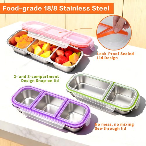 YJSLICT 4 Pack Stainless Steel Snack Containers with Lids, 3-Compartments Reusable Lunch Box for Adults, Food Storage Containers Divided Meal Prep Box for Home, Work, Travel