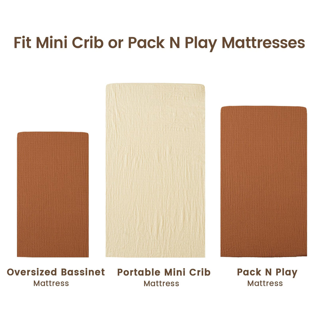 david's kids Muslin Mini Crib Sheets, 2 Pack Cotton Pack N Play Sheets for Boys Girls Neutral, Soft Breathable Baby Sheets Fit Pack N Play, Playard and Mini Crib Mattresses, Beige & Brown