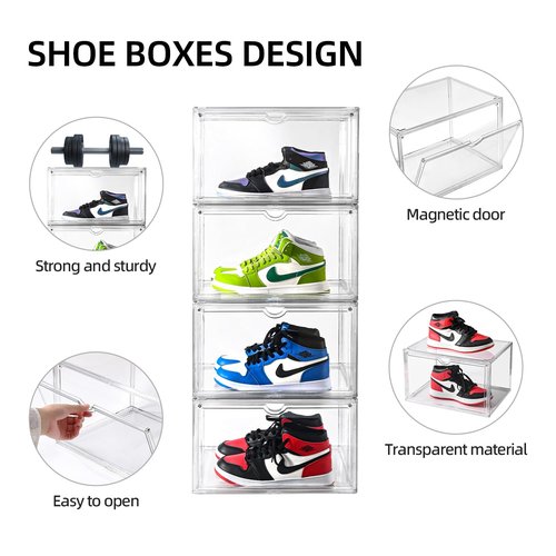 Uni HIMO Clear Shoe Organizer,Stackable Shoe Display Case,Shoe Box Storage Bins with Magnetic Door,Fit Shoe Size Up to US 14 (X-Large-1Pack)