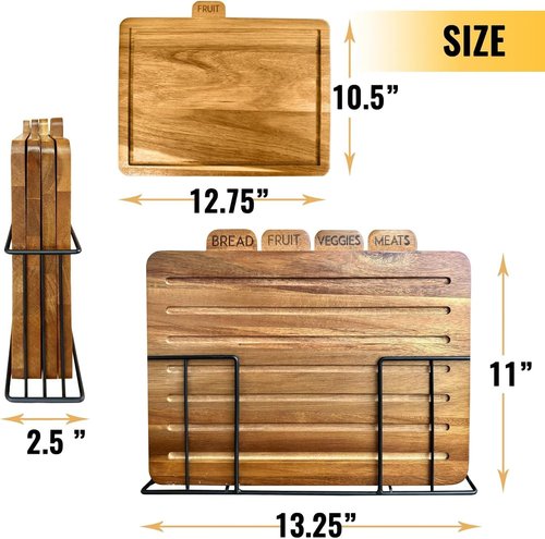 MODERNLYST Acacia Cutting Boards for Kitchen with Holder 13" x 11" x 2.5" | Labeled Wood Cutting Board Sets | Large Wooden Cutting Board Set of 4 with Black Organized Stand | Non Toxic Chopping Board