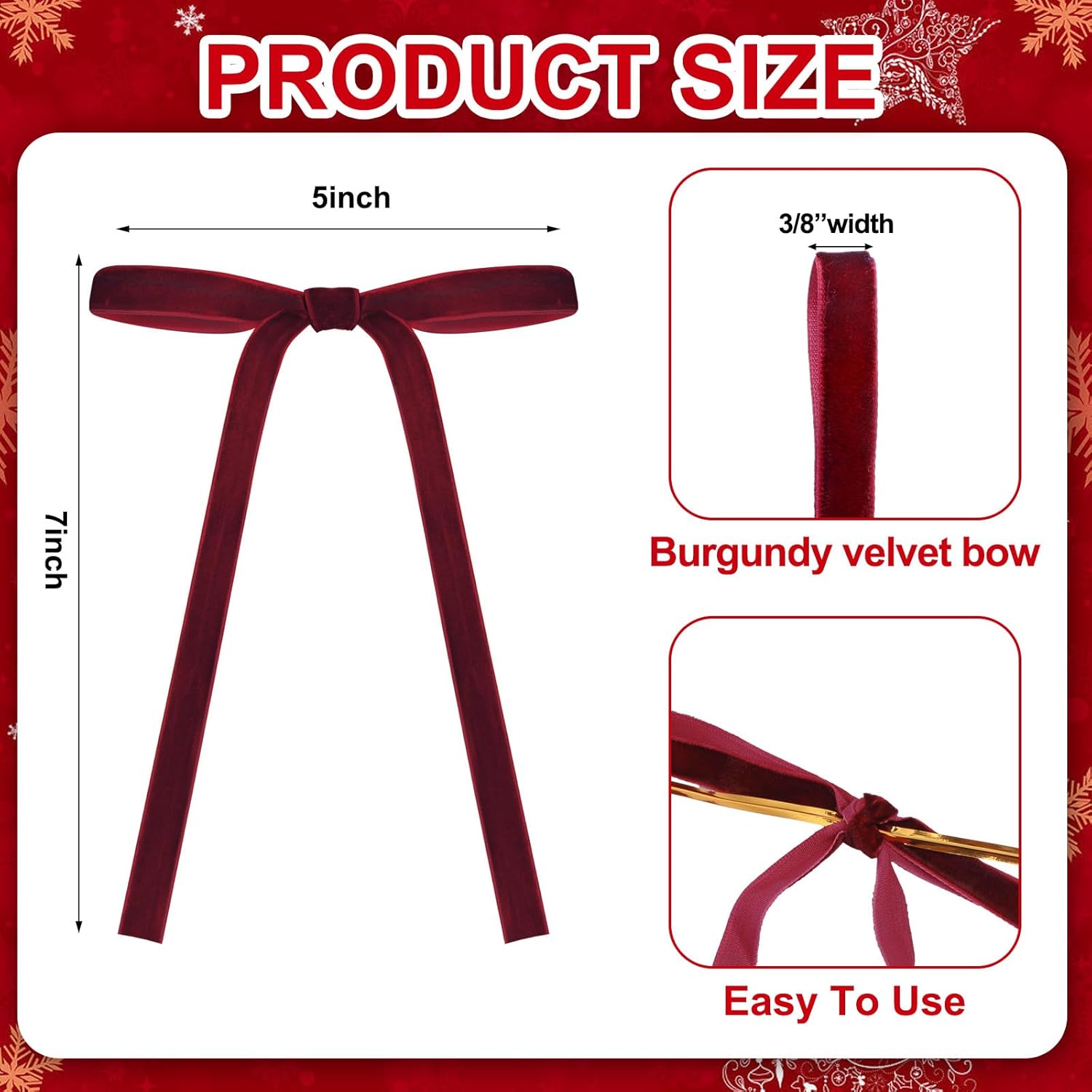 Skiennix Velvet Bows - Vintage Ribbon Decorations for Christmas Trees & Crafts | 24 Pcs, Burgundy (5 x 7 Inch)