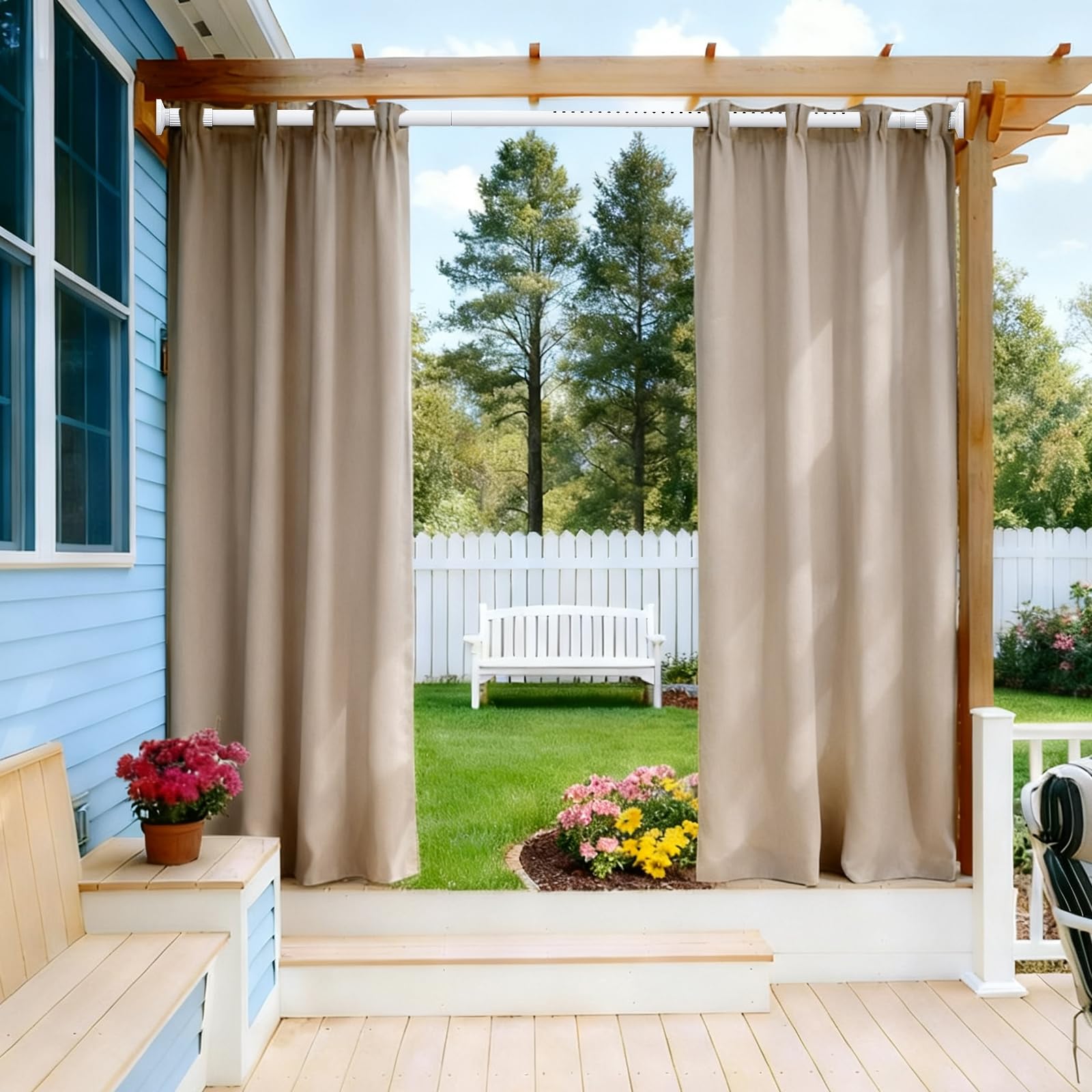 Tension Curtain Rod 51-166 Inch(4.25-13.83Ft), Extra Long Outdoor Tension Rod for Patio Window, No Drill Dual-End Adjustable Spring Shower Rod, Rust Proof Easy to Install, Rod Diameter 1.26In, White