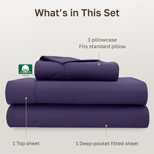 California Design Den Twin XL Cotton Sheet Set - 100% Soft, 400 Thread Count, Silky Smooth Sateen - Purple