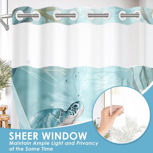Nesphy No Hook Nautical Teal Sea Turtles Shower Curtain with Snap in Fabric Liner Set, Ocean Beach Double Layers Waterproof Fabric with See Through Top Window Open Grommet Bath Curtain 71x74 Inch