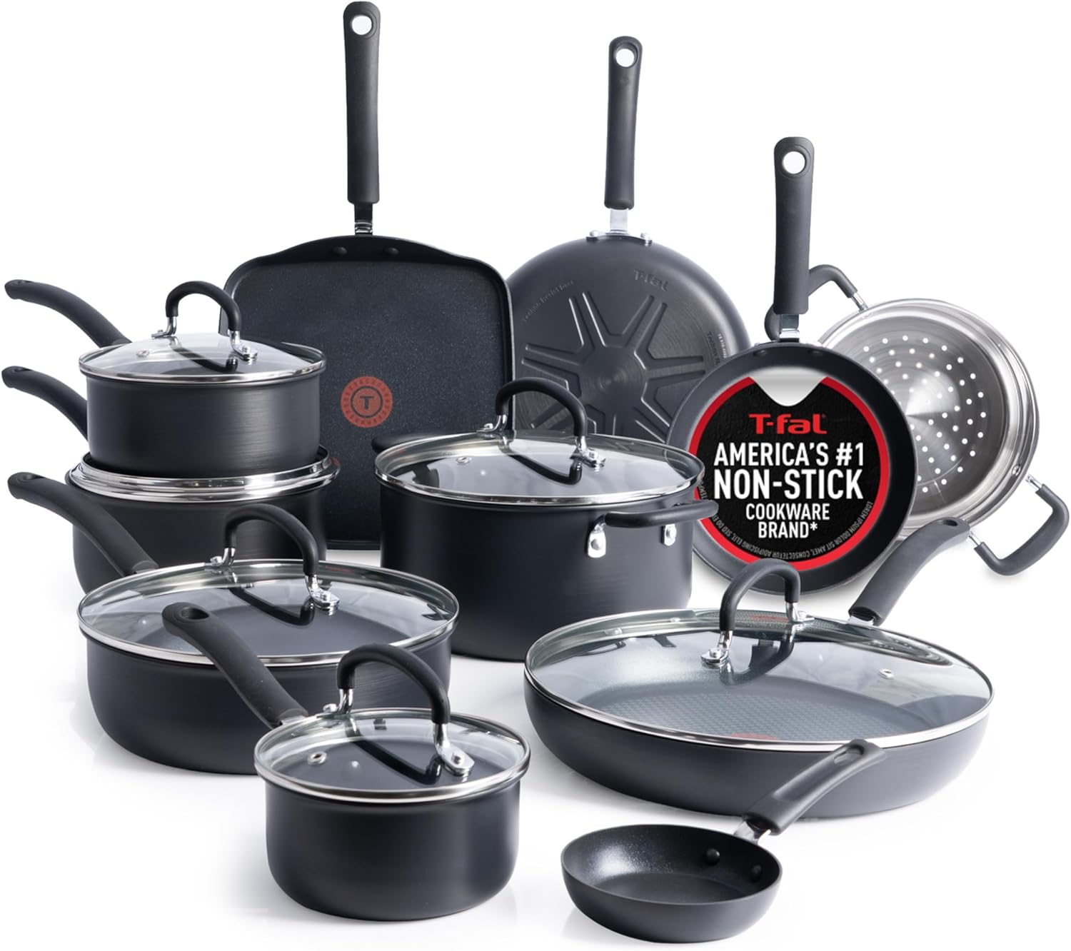 T-Fal Ultimate Nonstick Cookware Set - 17-Piece Hard Anodized Pots and Pans | Dishwasher Safe, Onyx Finish