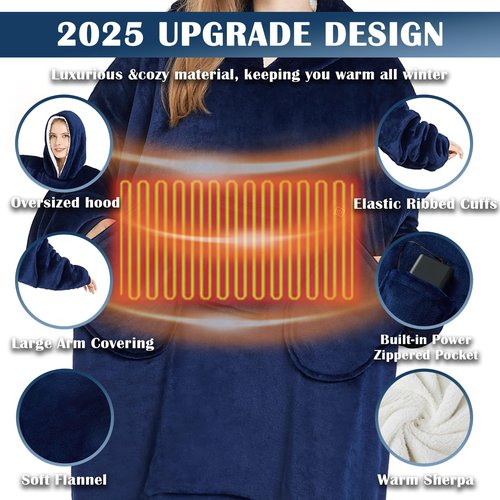 Homemate Heated Wearable Blanket Hoodie - with Battery Pack 7.4V - Oversized Electric Blanket Hoodie for Women Men - Warm Cordless Heated Shawl Portable Heated Robe (Blue)