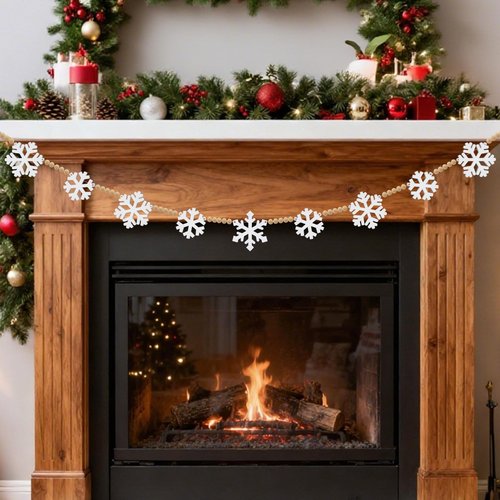 Oeyliz Christmas Snowflake Garland Wooden Christmas Snowflakes Decor 9PCS White Snowflake with Natural Color Wooden Beads DIY Winter Snowflakes Banner Garland Home Office Party Mantle Farmhouse Decor