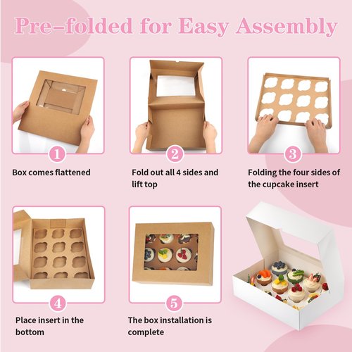 Svalor Cupcake Boxes, 4 Pack Disposable Cupcake Containers, Food Grade Cupcake Carrier 12 Count with Window and Inserts, Cupcake Transport Holders Bulk for Muffins Cookies Treats Dessert（White）