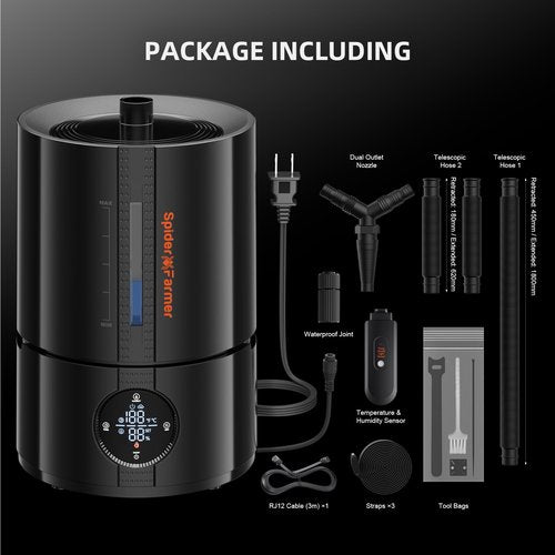 Spider Farmer New 450ml/h Humidifier for Plants Grow Tent Large Room, GGS Smart Customized Humidity Control Cool Mist with Extendable Targeting Hose and Temp & Humidity Probe Indoor Black 5L (Upgrade)