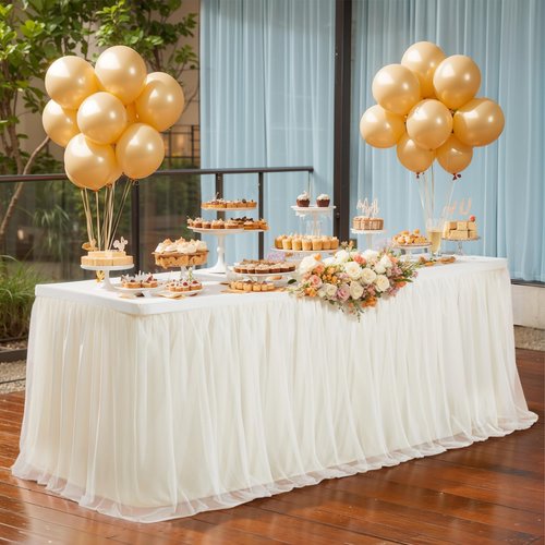 Wish Care 4 Pack Light Champagne Tulle Tablecloth for 6 Foot Rectangle Tables Ruffle Stretch Fitted Table Cloth Tutu Skirt Wrinkle Free Table Cover for Party Wedding Birthday Banquet Cake Tables Decor