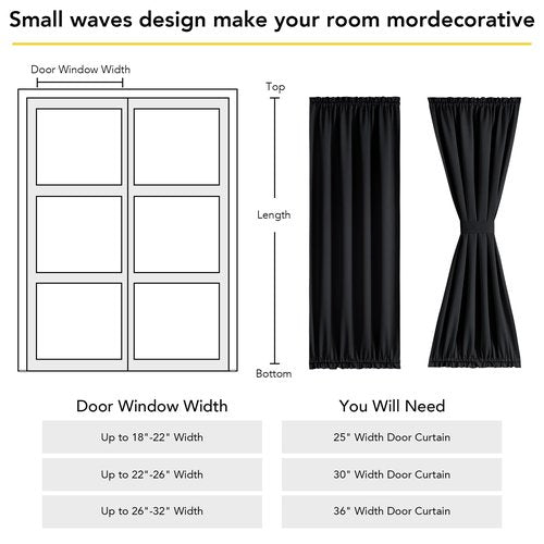 NICETOWN French Door Curtains for Door Window, 100% Blackout Privacy Thermal Insulated Window Covering for French Front Glass, 1 Panel, Black, 25 x 72 inches Long