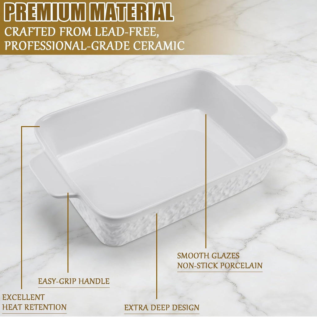 Regine Switzerland 9x13 Baking Pan - Durable Ceramic Casserole Dish with Handles | 4.4QT Soft White