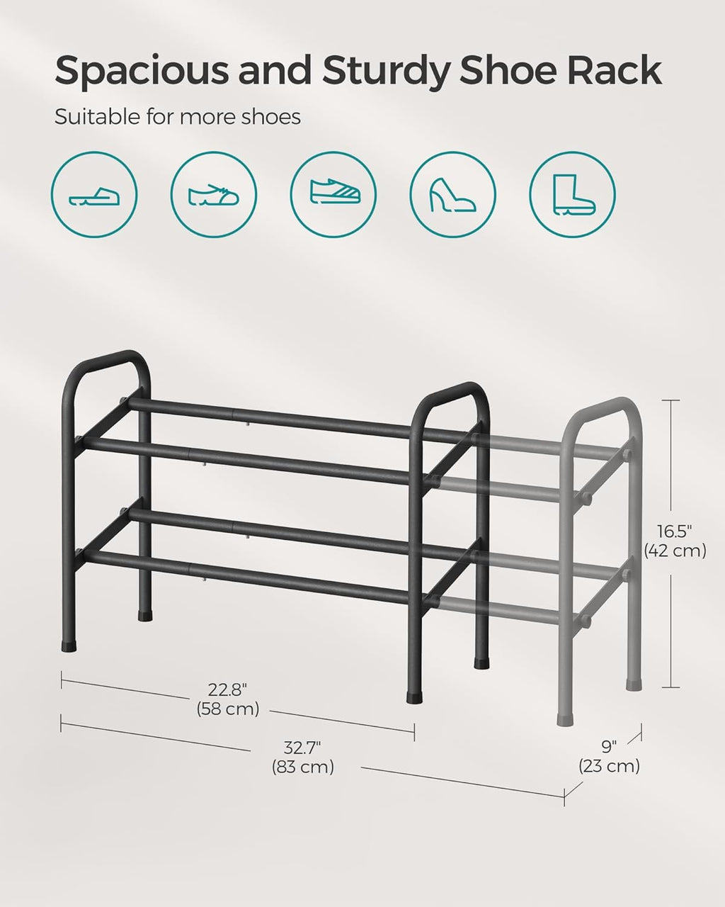 SONGMICS Expandable Shoe Rack - Adjustable 2-Tier Organizer for 15 Pairs - Metal Storage Solution in Ink Black