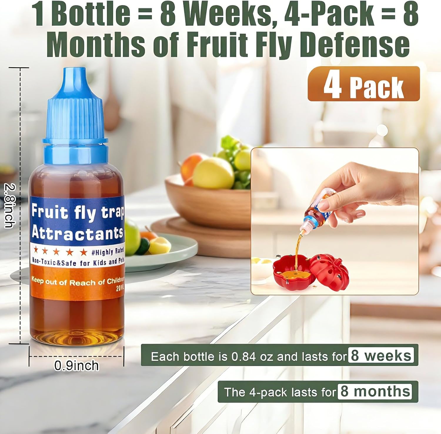 Skiennix Fruit Fly Trap Refill Liquid - Effective Gnat Killer & Long-Lasting Fruit Scented Bait (4 Pack)