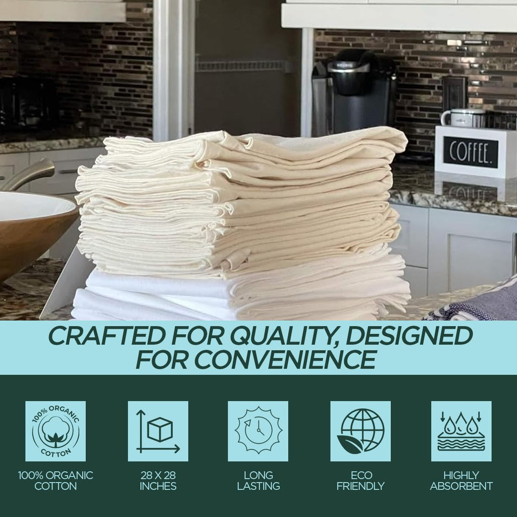 Flour Sack Kitchen Towels |Organic Cotton Blank Towel| Tea Towel Crafting Embroidery|Flat Thick Absorbent Quick Dry | Baking Bread Proofing Breathable Linen Cloth Cover Set of 10, 28 x 28 Inch, Ivory