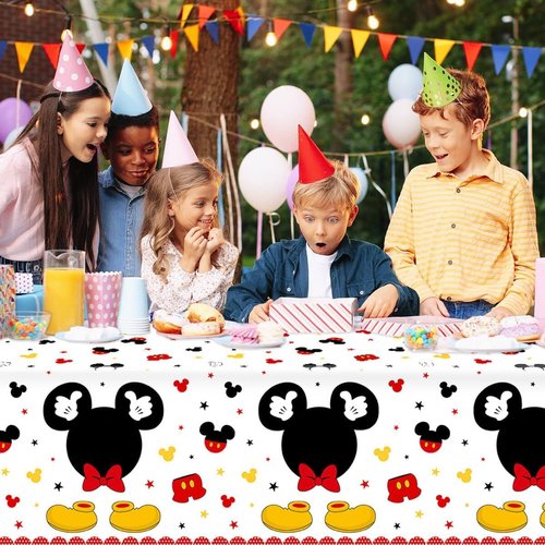 Tewess 3pcs Mouse Birthday Tablecloth Red Mouse Head Cartoon Plastic Table Cover Disposable Table Party Decoration for Boys