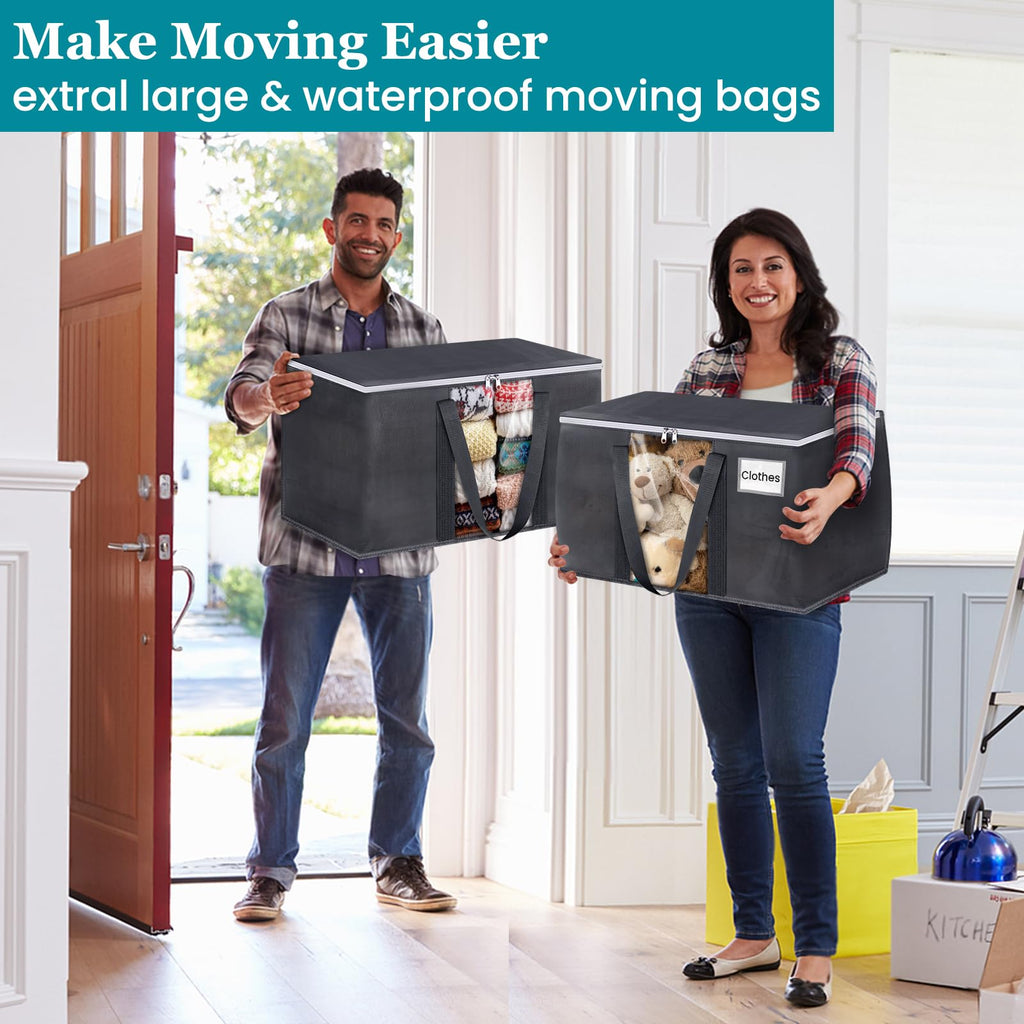 HomeHacks 10 Pack Extra Large Moving Bags with Visual PVC Window & Zippers, Storage Totes with Reinforced Handles, Heavy Duty Storage Bags for Packing, Moving, Storage (125L,Grey)