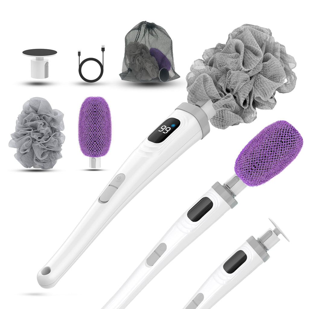 Electric Body Brush Back Scrubber for Shower, Waterproof Long Handle Power Body Scrubber with 3 Heads & 2 Speeds, Rechargeable Bath Brush for Cleansing, Exfoliating, Massaging and Foot Callus Remover