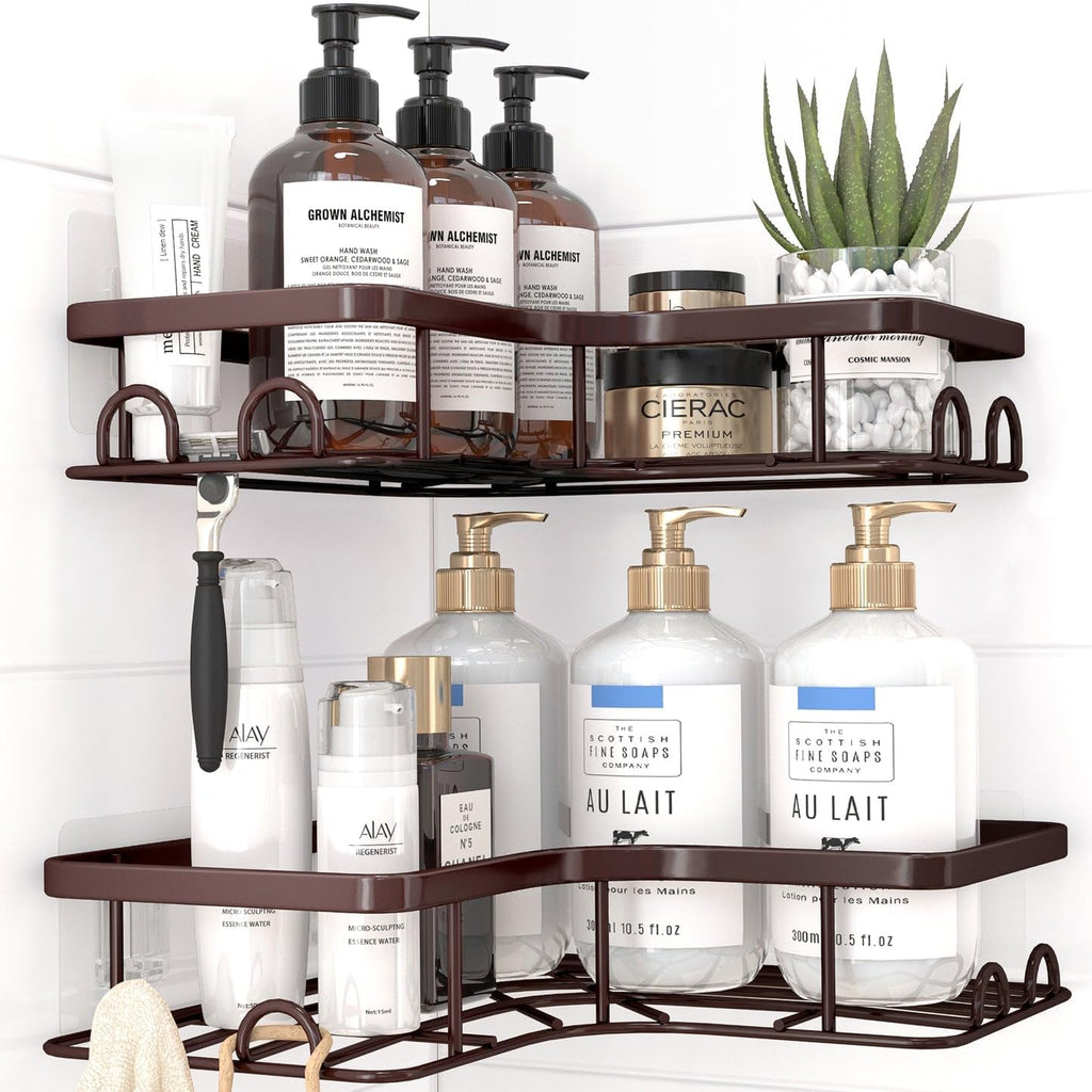 Sakugi Corner Shower Caddy - Rustproof Stainless Steel Organizers with 8 Hooks | No-Drill, Space-Saving Design, Brown, Medium