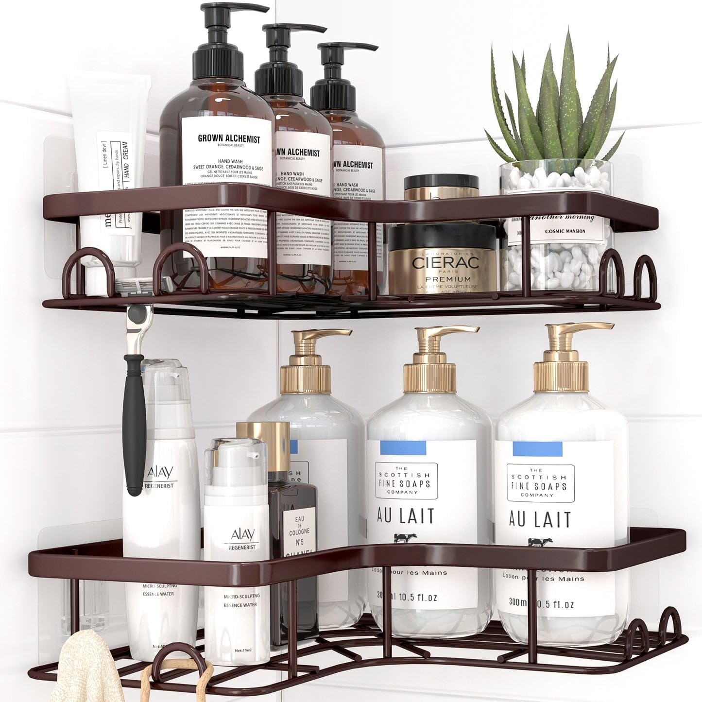Sakugi Corner Shower Caddy - Rustproof Stainless Steel Organizers with 8 Hooks | No-Drill, Space-Saving Design, Brown, Medium