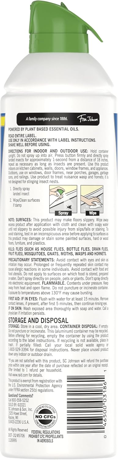 Raid Essentials Fly & Mosquito Killer Spray - Safe for Kids & Pets | 10 oz Aerosol