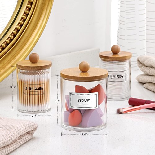 Apothecary Jar Qtip Holder Dispenser Set - 3 Pack Bamboo Lids for Vanity Organizer Storage