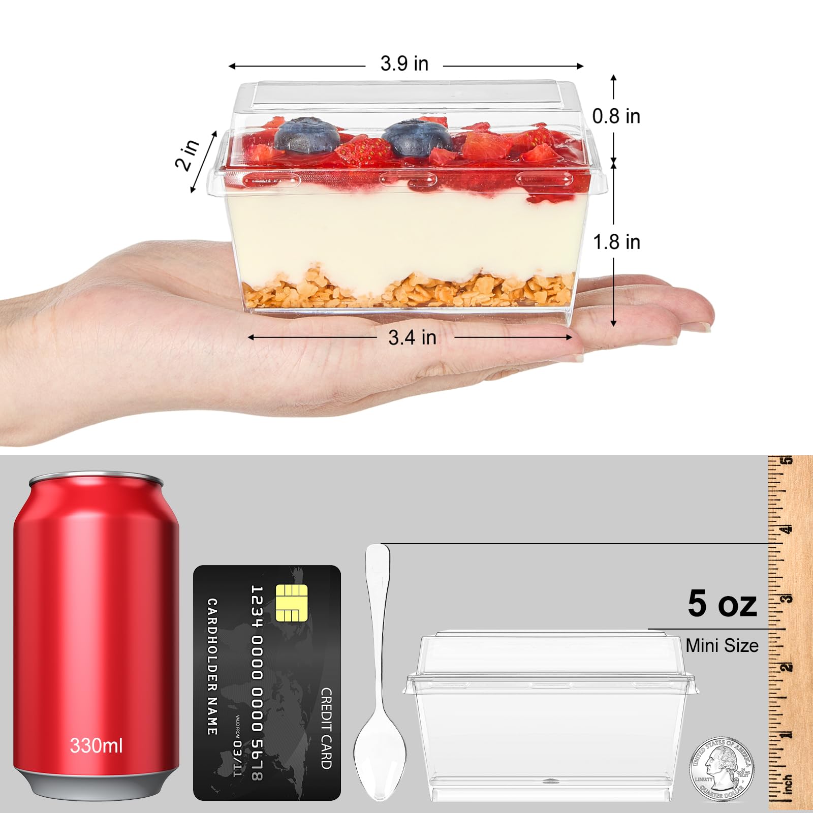 TOFLEN 50 Pack 5 oz Dessert Cups with Lids and Spoons, Mini Clear Plastic Parfait Cups, Rectangle Party Serving Bowls for Parfait, Appetizers, Mousse, Pudding