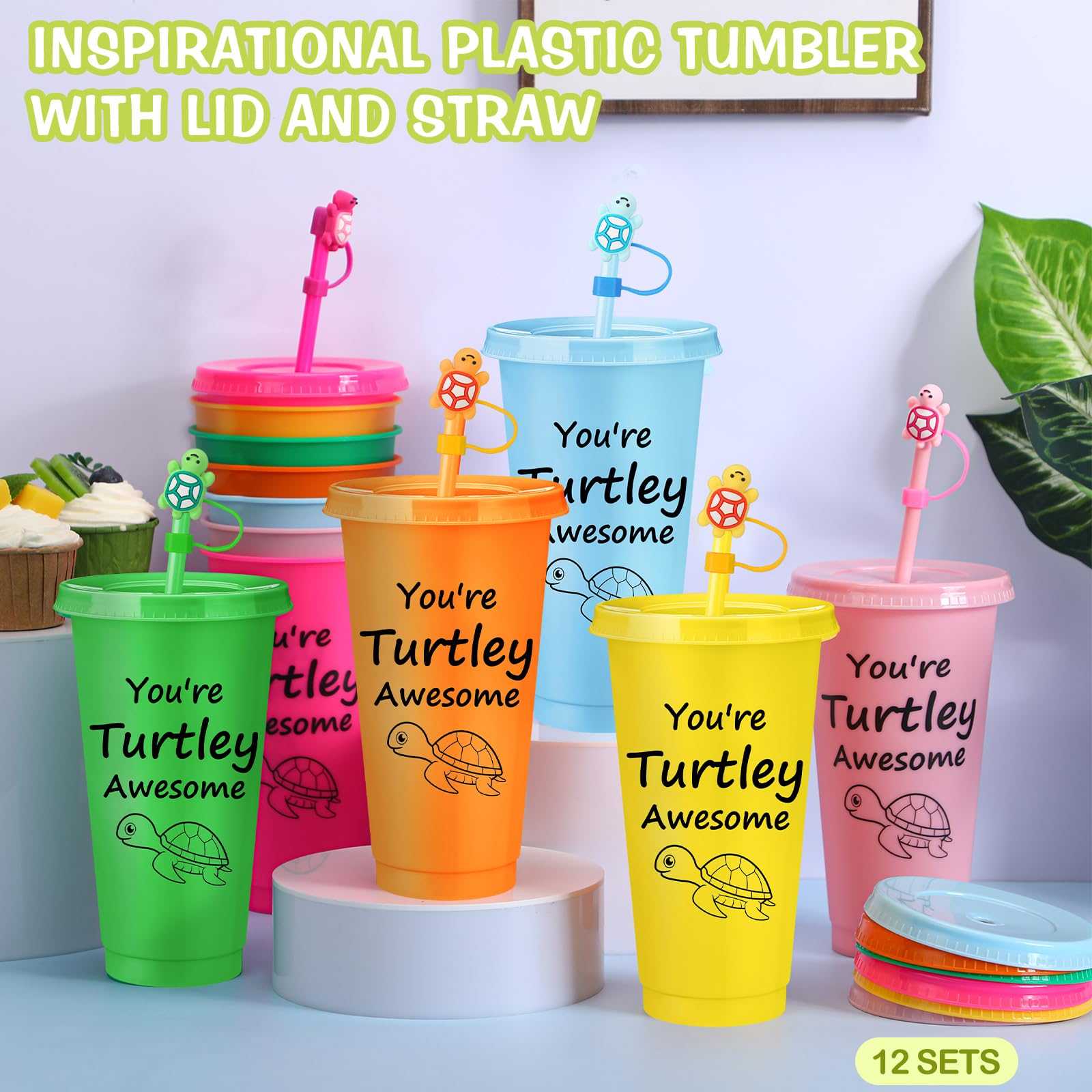 Jingmore 12 Set End of Year Students Gift from Teacher Bulk You're Turtley Awesome 24 oz Plastic Tumblers with Lids and Straw Stoppers Employee Appreciation Cups for Staff Coworker Team Teacher