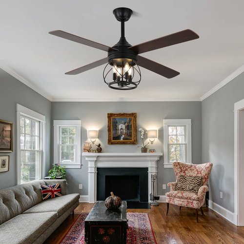 Curve Curio 52 Inch Farmhouse Ceiling Fan with Light and Remote Industrial Ceiling Fan Quiet and Reversible DC Motor Rustic Caged Chandelier Fan for Living Room Bedroom Patio (Caged Frame)