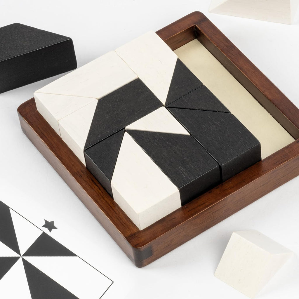 Wooden Hidden Blocks Puzzle Game - 80 Brain Challenges with Solid Wood Box | Deluxe Black & White Pieces